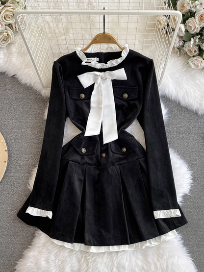 - Long-sleeved stand-collar A-line corduroy dress GEU911