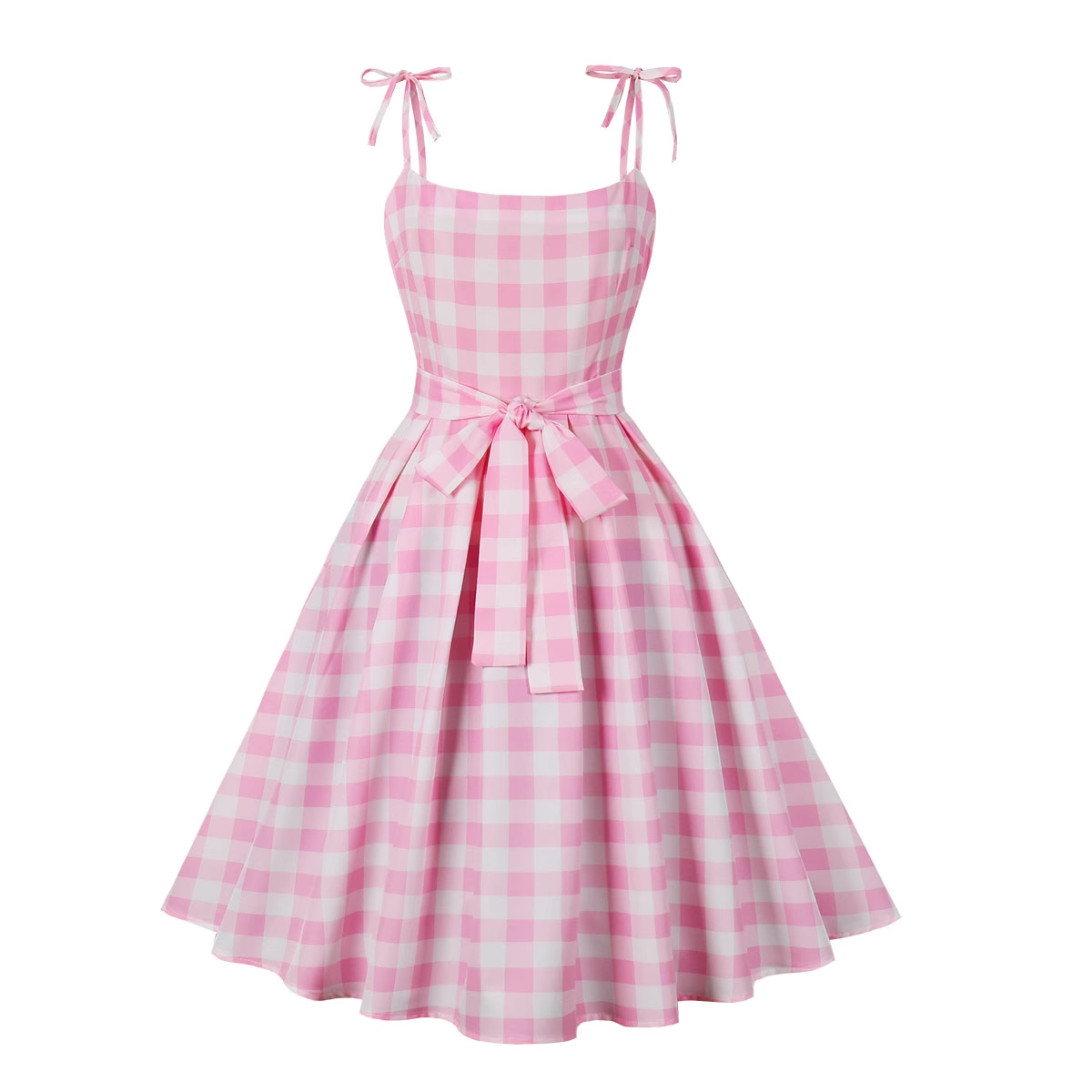 - Summer Student Sweet Barbie Pink Plaid Bow Swing Dress GEU485