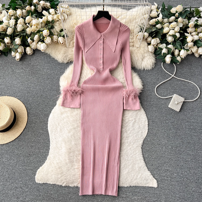 vmtvr- Women's autumn and winter lapel feather tight knitted dress GEU499