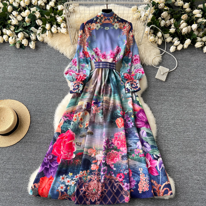 - Retro French mid-length lantern long-sleeve printed dress GEU1095