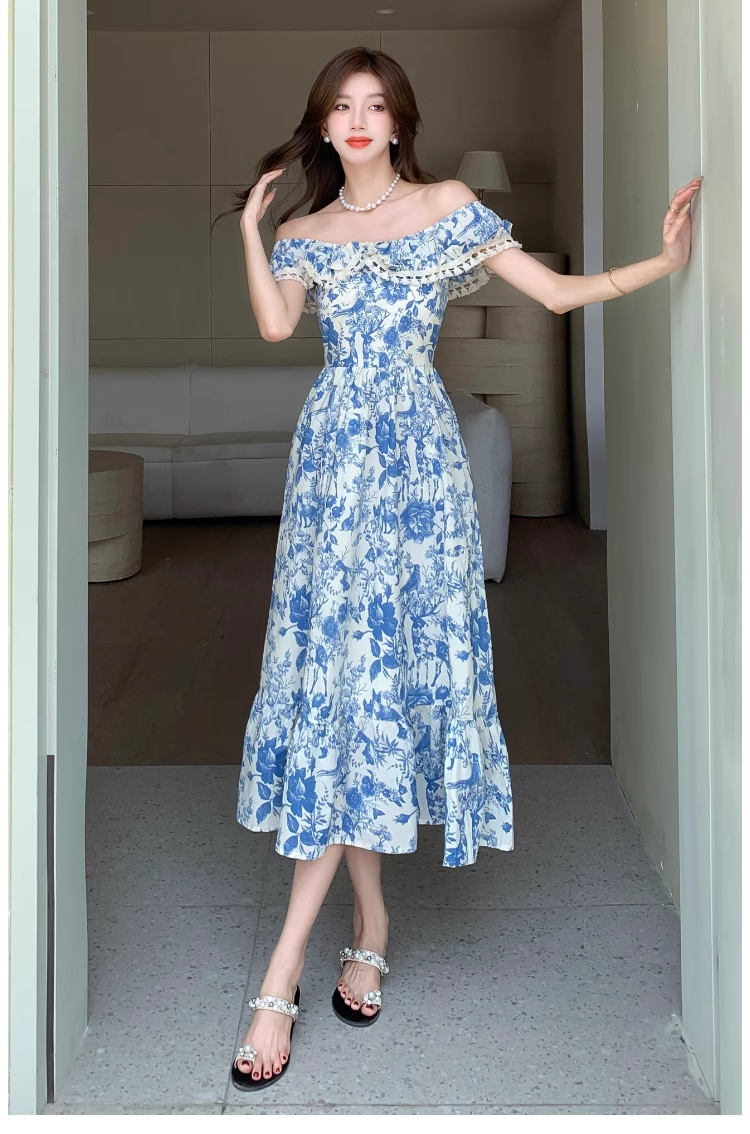 - Women's summer blue oil painting floral dress GEU1159