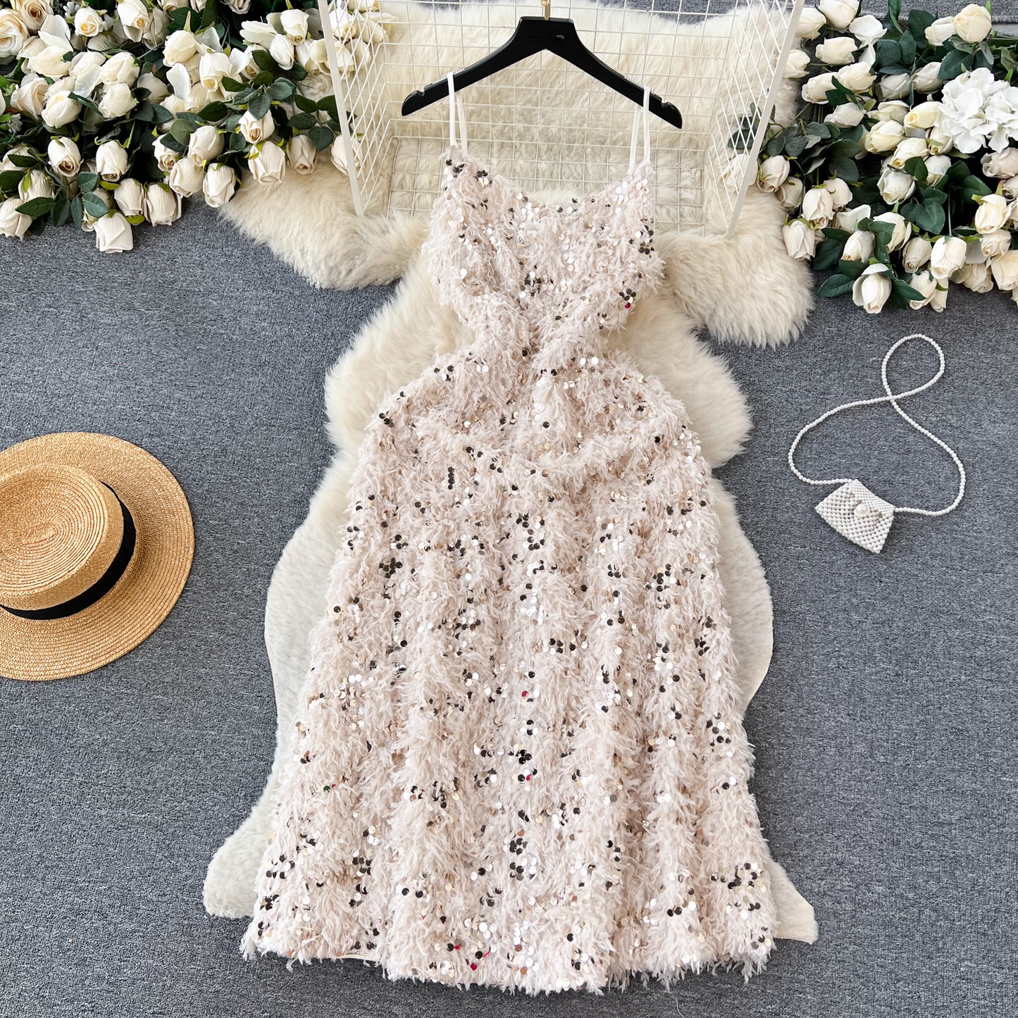 - Furry fringed sequin dress  GEU786