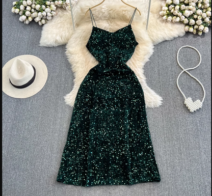 - Sleeveless mid-length a-line sparkling sequin suspender dress GEU840