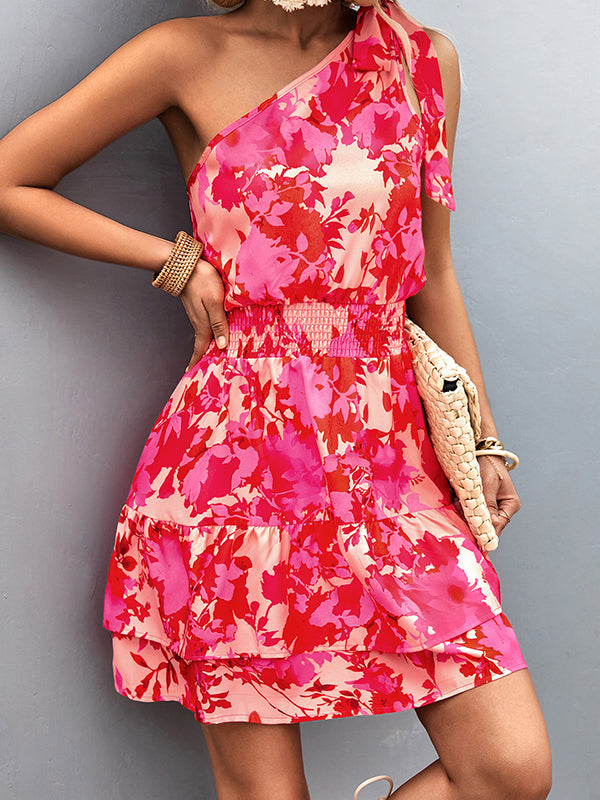 vmtvr - A-Line Sleeveless Elasticity Flower Print Split-Joint Tied Tiered One-Shoulder Mini Dresses