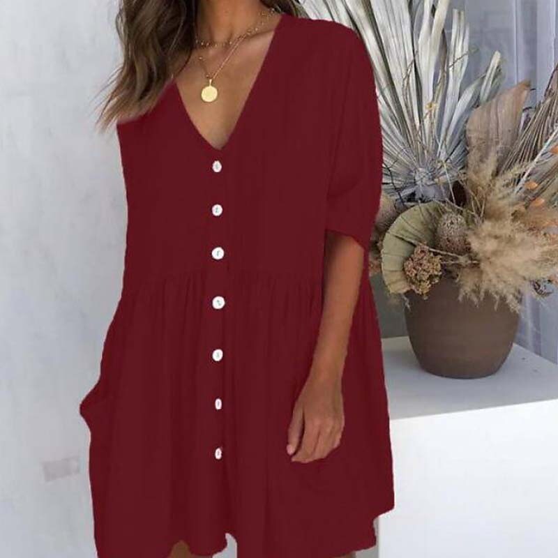 Women's Casual Dress Linen Dress Tiered Dress Mini Dress Black White Pink Short Sleeve Pure Color Ruched Winter Fall Spring V Neck Basic Daily Vacation Loose Fit S M L XL XXL 3XL