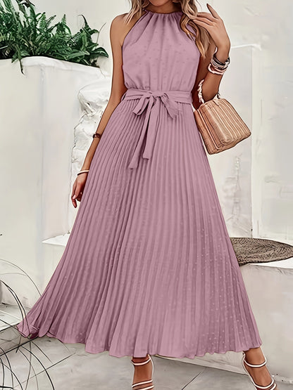 Solid Pleated Dress, Elegant Sleeveless Knotted Maxi Dress, Women's Clothing