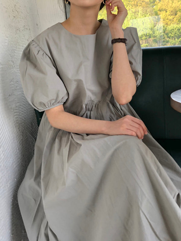 vmtvr - Original Loose Solid Color Pleated Puff Sleeves Midi Dress