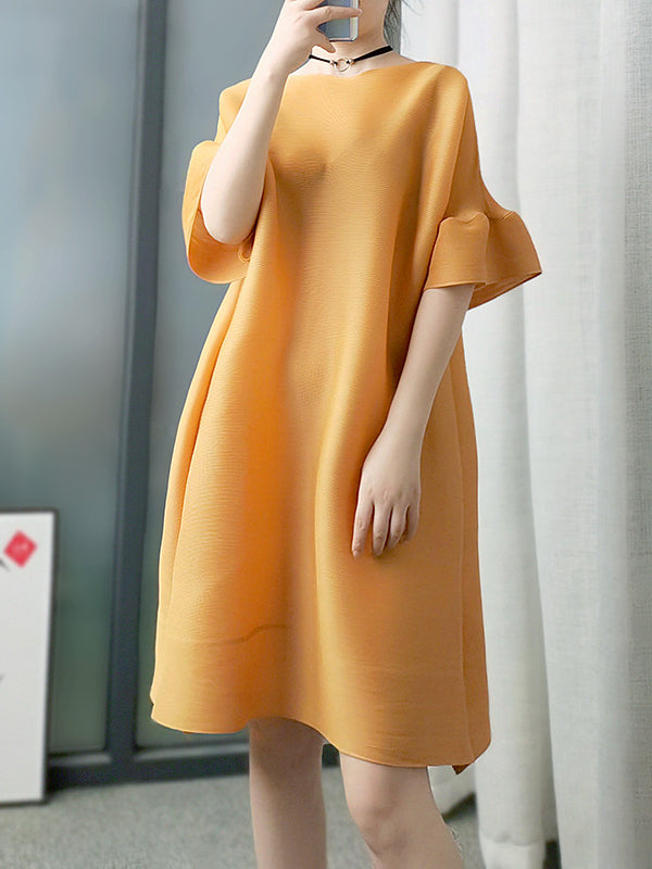 vmtvr - Stylish Selection Flared Sleeves A-Line Pleated Solid Color Round-Neck Midi Dresses