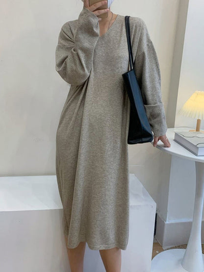 vmtvr - Long Sleeves Loose Solid Color V-Neck Midi Dresses Sweater Dresses