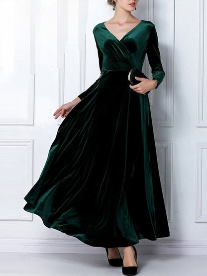 vmtvr - Elegant Solid Long Sleeved V-neck Velvet Maxi Dresses