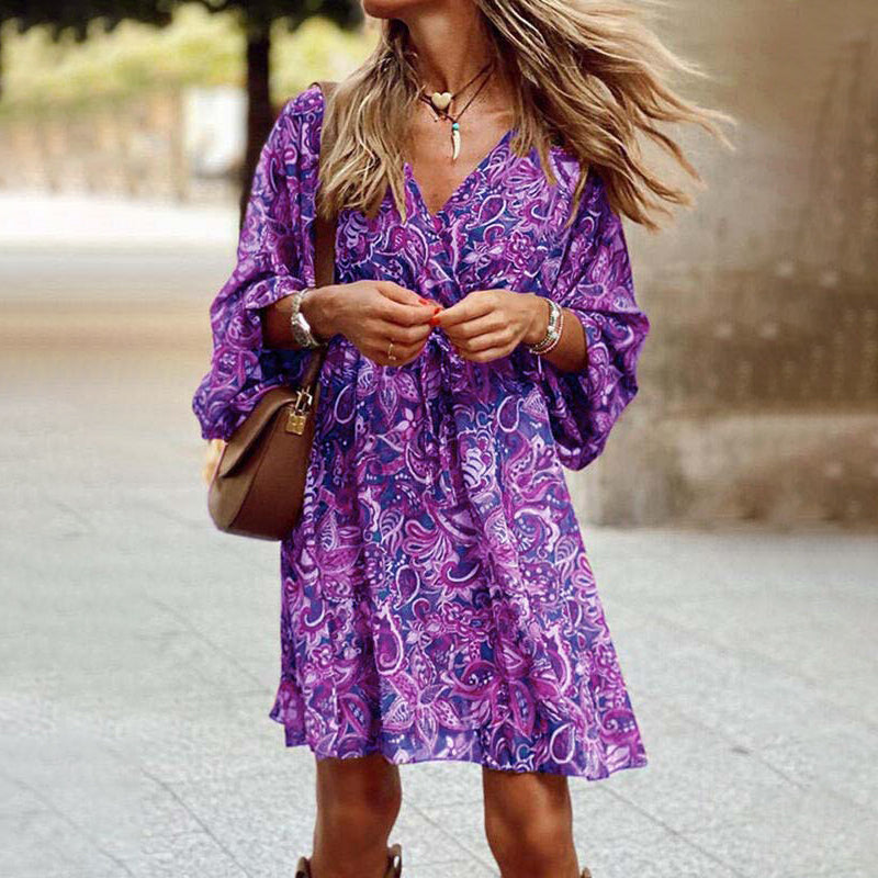 vmtvr - Boho Tribal Printed V Neck Long Sleeve Mini Dress