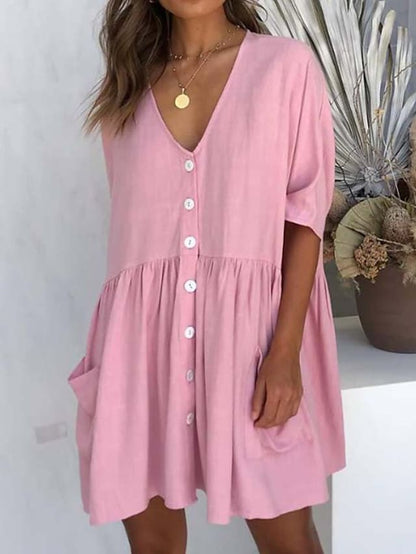 Women's Casual Dress Linen Dress Tiered Dress Mini Dress Black White Pink Short Sleeve Pure Color Ruched Winter Fall Spring V Neck Basic Daily Vacation Loose Fit S M L XL XXL 3XL