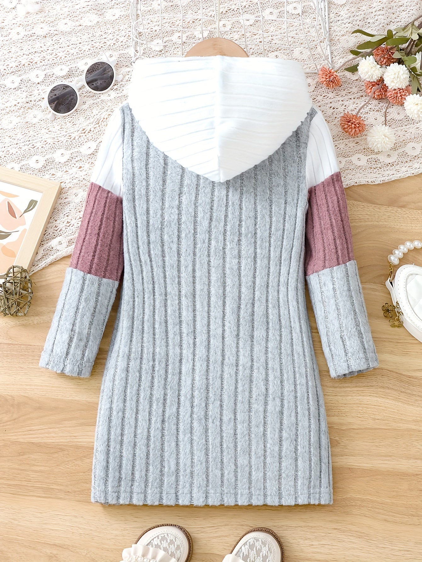 Casual Striped Hooded Knit Dress for Children - Polyester Blend, Slight Stretch, Solid Color, Long Sleeve, Spring/Fall Season, Fitted Regular Fit, Ages 12 and Under