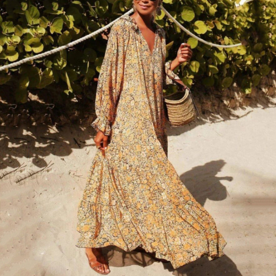 vmtvr - Floral Bohemian V Neck Long Sleeve Maxi Dress