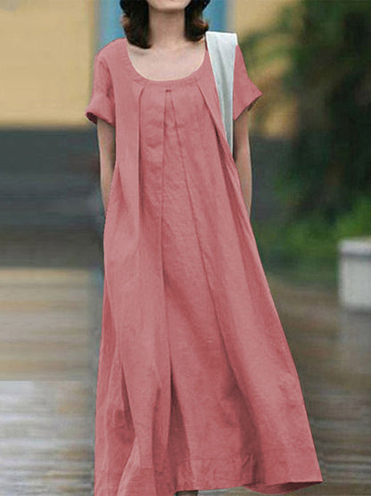 vmtvr - Simple Solid Color U-Neck Pleated Short Sleeves Maxi Dress