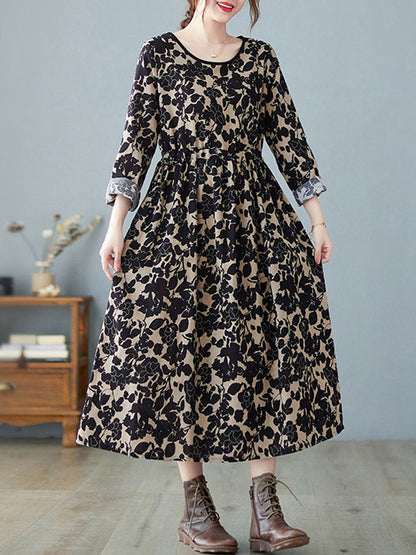 vmtvr - Artistic Retro Ramie Cotton Floral Printed Pleated Round-Neck Long Sleeves Midi Dress