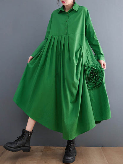 vmtvr - Urban Floral Applique Pleated Long Sleeves Shirt Dress Midi Dress