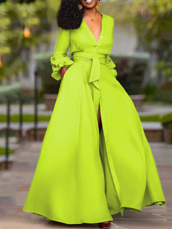 Puff Long Sleeves Buttoned Solid Color Deep V-Neck Maxi Shirt Dresses