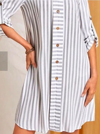 Women's Casual Dress Shift Dress Print Dress Stripe Button Print Shirt Collar Mini Dress Active Fashion Outdoor Street Half Sleeve Loose Fit White Fall Winter S M L XL XXL