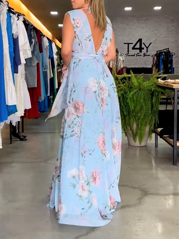 vmtvr - Stylish Floral Printed V-Back Elegant Maxi Dresses