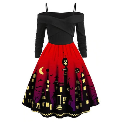 Women‘s Halloween Dress Retro 1950s Vintage Dress Midi Dress Party Ruched Ruffle Pumpkin Spaghetti Strap Long Sleeve Regular Fit Fall Winter  Black Red S M L XL