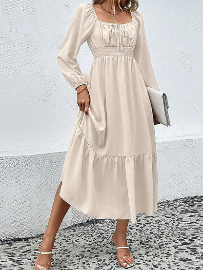 Women's Casual Dress Plain Dress Spring Dress Long Dress Maxi Dress Ruched Drawstring Street Daily Holiday Active Fashion Square Neck Long Sleeve  Regular Fit Apricot Color S M L XL Size