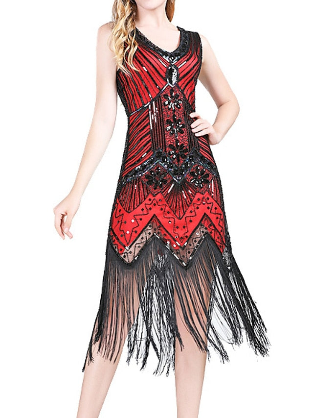 Women‘s Halloween Dress Retro 1920s Fringe Dress Midi Dress Party Outdoor Sequins Tassel Fringe Plain V Neck Sleeveless Regular Fit Summer Spring  claret Black S M L XL