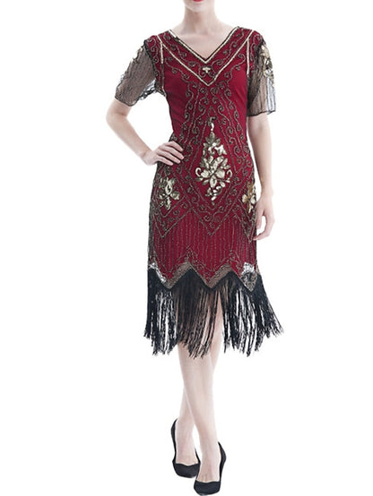 Women‘s Halloween Dress Retro 1920s Fringe Dress Midi Dress Party Outdoor Sequins Tassel Fringe Floral V Neck Short Sleeve Regular Fit Summer Spring  Black Golden S M L XL