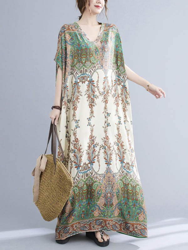 vmtvr - Vintage Floral Printed V-Neck Batwing Sleeves H-Line Maxi Dress