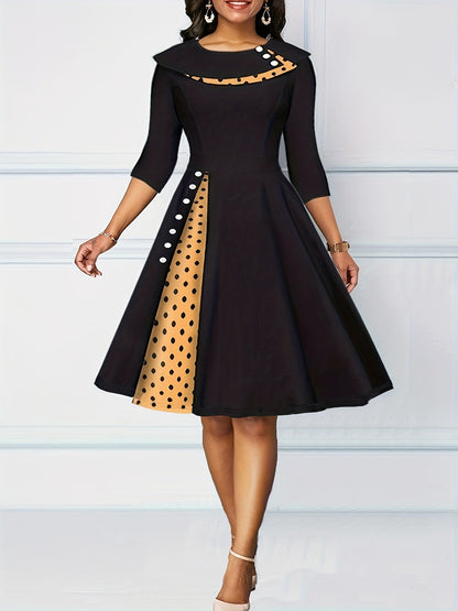 Vintage Retro Polka Dot A-line Dress - Flattering 3/4 Sleeves, Comfortable Casual Style - Feminine & Timeless Fashion for Women