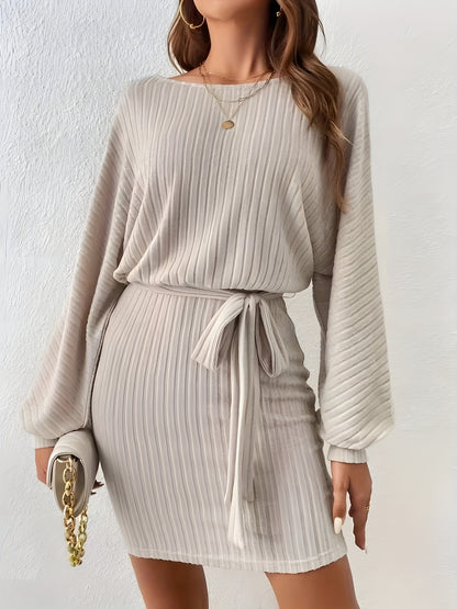 Ribbed Knit Batwing Sleeve Dress, Elegant Crew Neck Tie-waist Dress, Women's Clothing