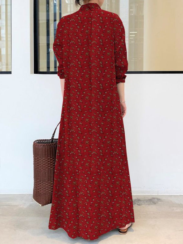 vmtvr - Vintage Printed Lapel Long Sleeve Shirt Maxi Dress