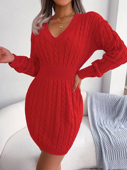 Cable Knit Sweater Dress, Casual V Neck Long Sleeve Bag Hip Dress, Women's Clothing