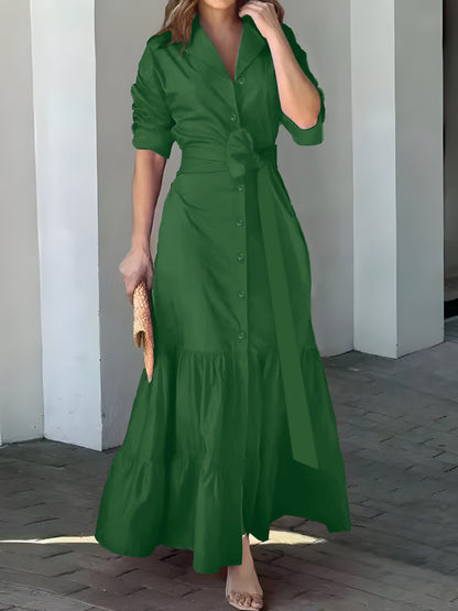 vmtvr - Solid Button Front Belted Dress, Elegant Ruched Sleeve Ruffle Trim Maxi Dress, Women's Clothing