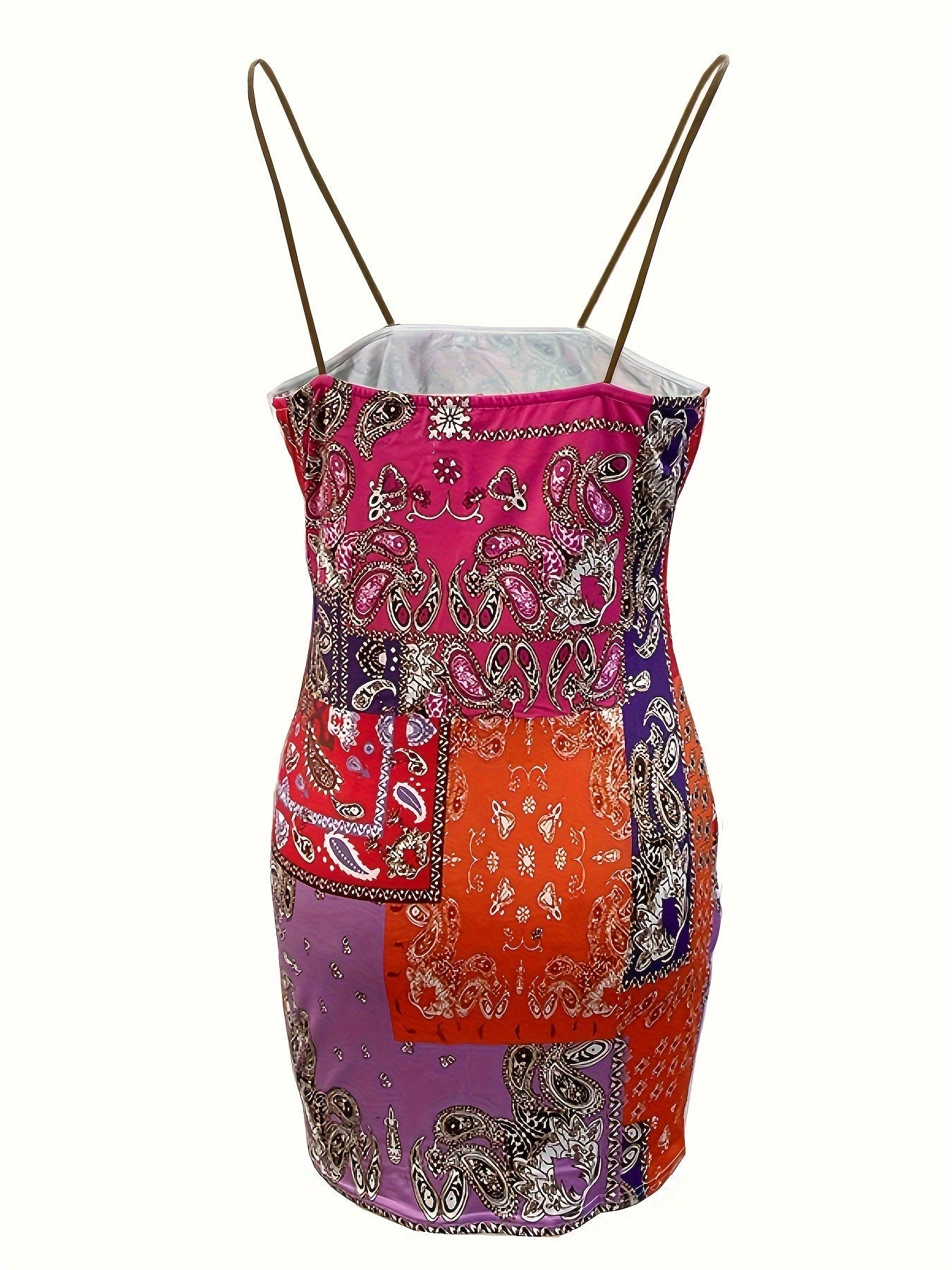 Paisley Print Bodycon Cami Dress, Boho Backless Spaghetti Strap Dress, Women's Clothing