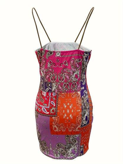 Paisley Print Bodycon Cami Dress, Boho Backless Spaghetti Strap Dress, Women's Clothing