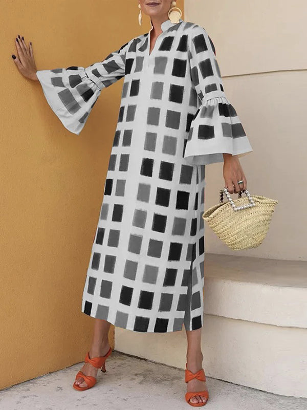 vmtvr - Original Flared Sleeves Split-Joint Multi-Colored Plaid Midi Dress