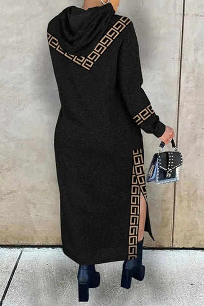 vmtvr - Black Casual Print Patchwork Slit Hooded Collar Long Sleeve Dresses