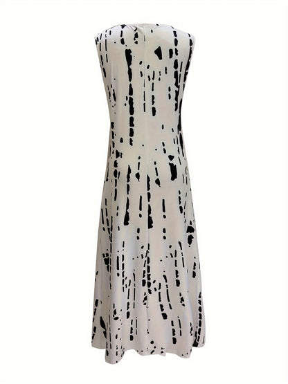 Abstract Print Midi Dress, Elegant Keyhole Sleeveless Dress, Women's Clothing