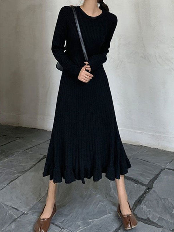 vmtvr - Long Sleeves Loose Ruffled Solid Color Round-Neck Midi Dresses Sweater Dresses