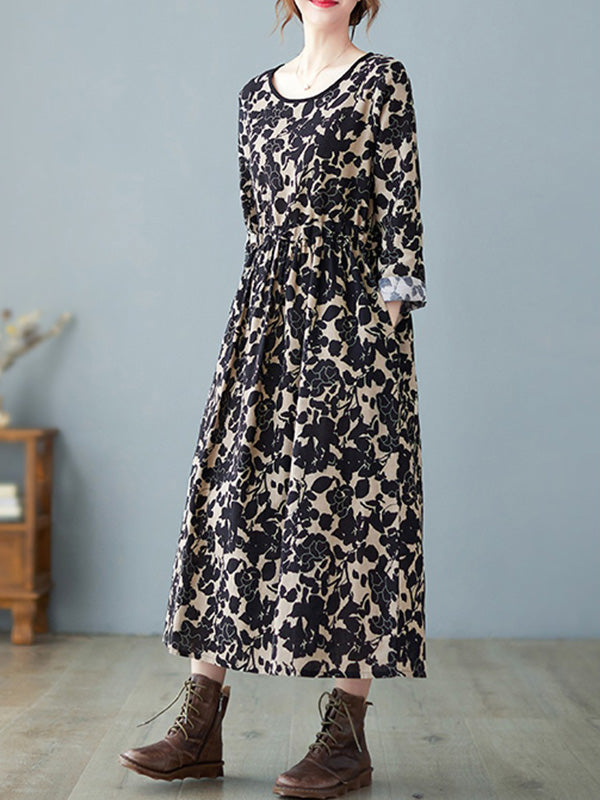 vmtvr - Artistic Retro Ramie Cotton Floral Printed Pleated Round-Neck Long Sleeves Midi Dress