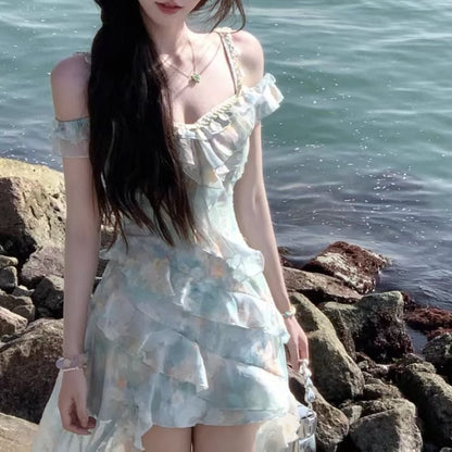 vmtvr Summer Beach Style Flroal Y2k Mini Dress Woman Chiffon Elegant Y2k Mini Dress Korean Fashion Short Party Dress Office Lady