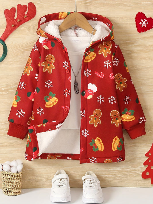 Boys Winter Christmas Pattern Medium Length Hooded Coat, Padded Light Warm Jacket Cute Hooded Outerwear