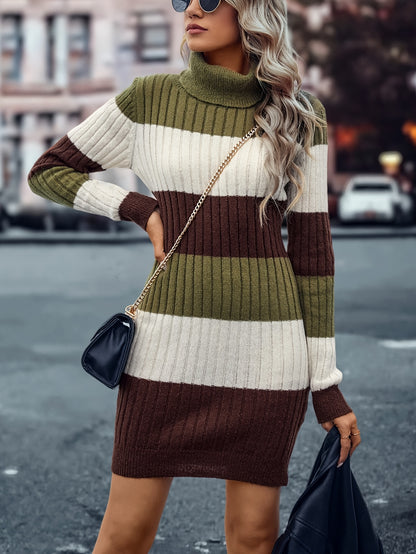 Striped Turtle Neck Knitted Dress, Elegant Long Sleeve Slim Fit Dress For Fall & Winter, Women's Clothing