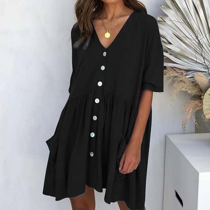 Women's Casual Dress Linen Dress Tiered Dress Mini Dress Black White Pink Short Sleeve Pure Color Ruched Winter Fall Spring V Neck Basic Daily Vacation Loose Fit S M L XL XXL 3XL