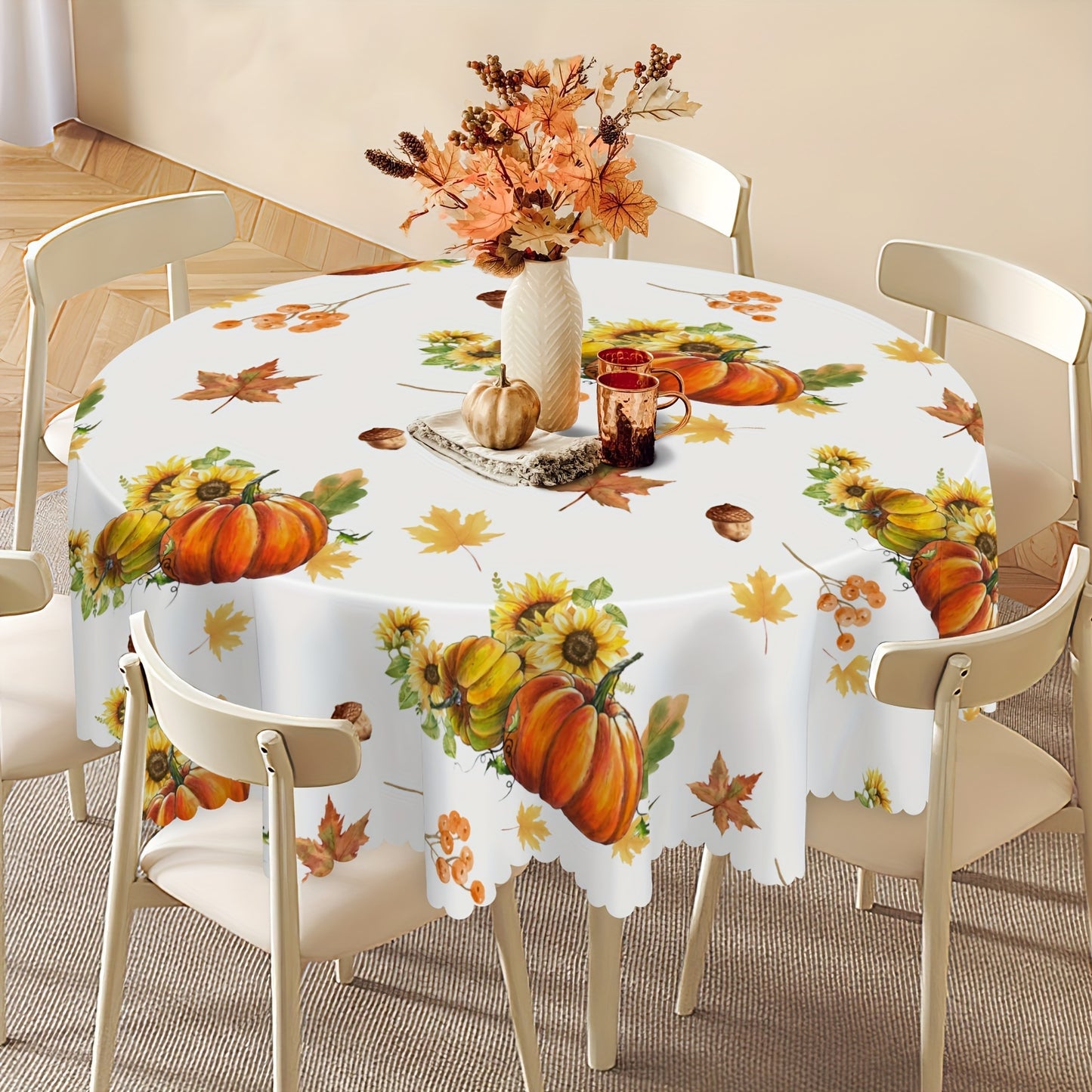 1pc, Round Tablecloth, Autumn Leaf Thanksgiving Pumpkin Table Cloth, Fall Tablecover, Waterproof Stain Wrinkle Free, Circle Tablecloth, Indoor And Outdoor Table Cover, For Home Kitchen Dining Party Decoration