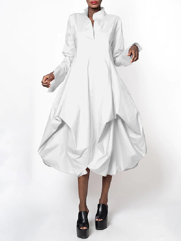 Stylish Loose Stand-Collar Long Sleeves Midi Dress