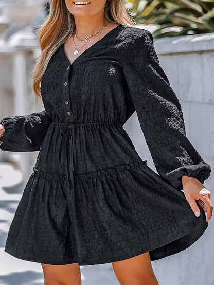 Women's Casual Dress Black Dress Plain Dress Mini Dress Ruched Button Street Daily Holiday Active Fashion V Neck Long Sleeve 2023 Regular Fit Black Color S M L XL Size