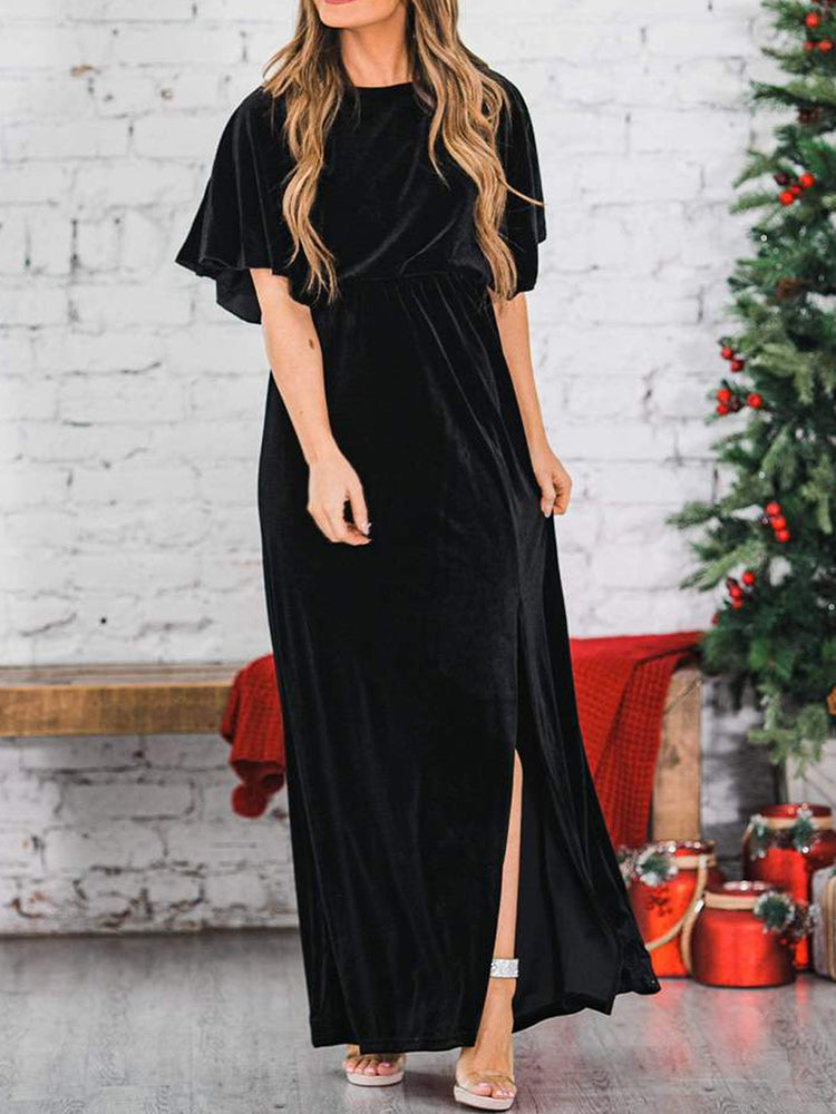 vmtvr - Fashion Velvet Round Neck High Slit Maxi Dresses