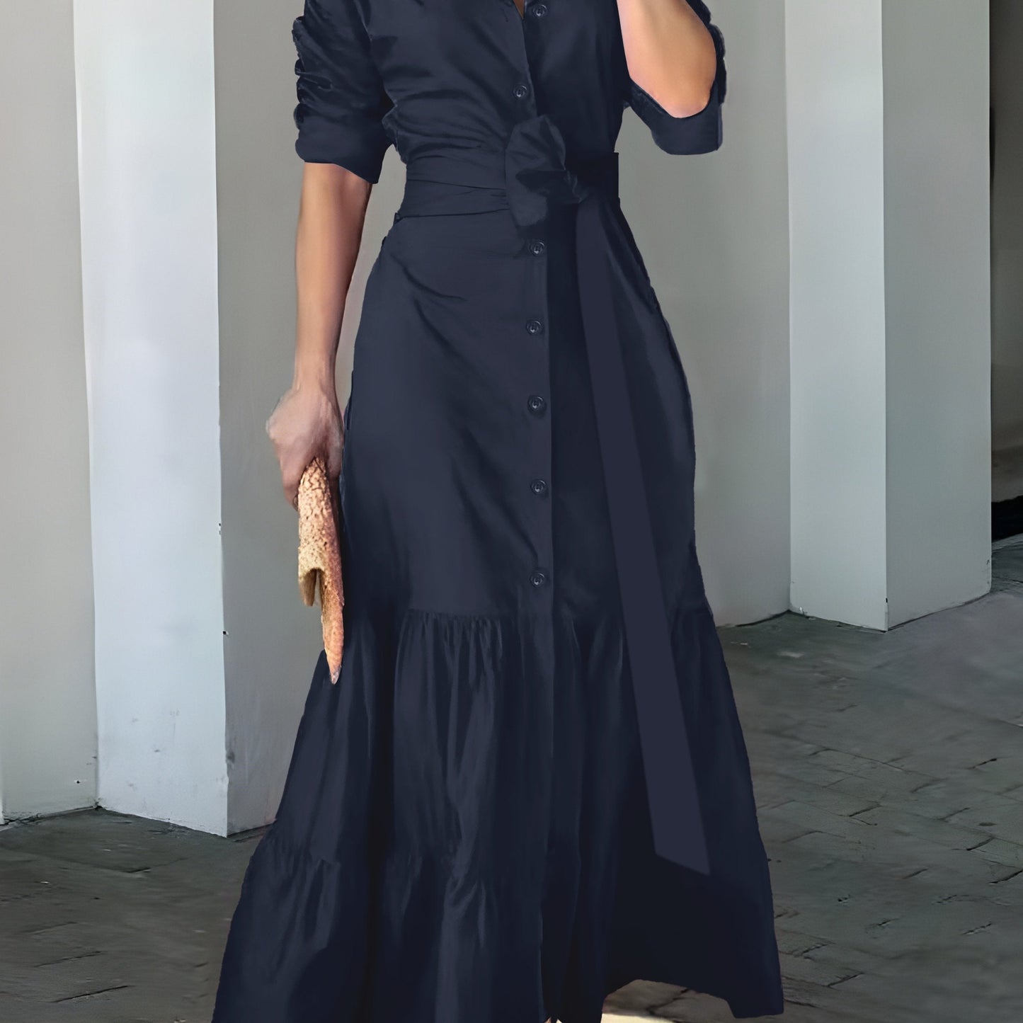 vmtvr - Solid Button Front Belted Dress, Elegant Ruched Sleeve Ruffle Trim Maxi Dress, Women's Clothing